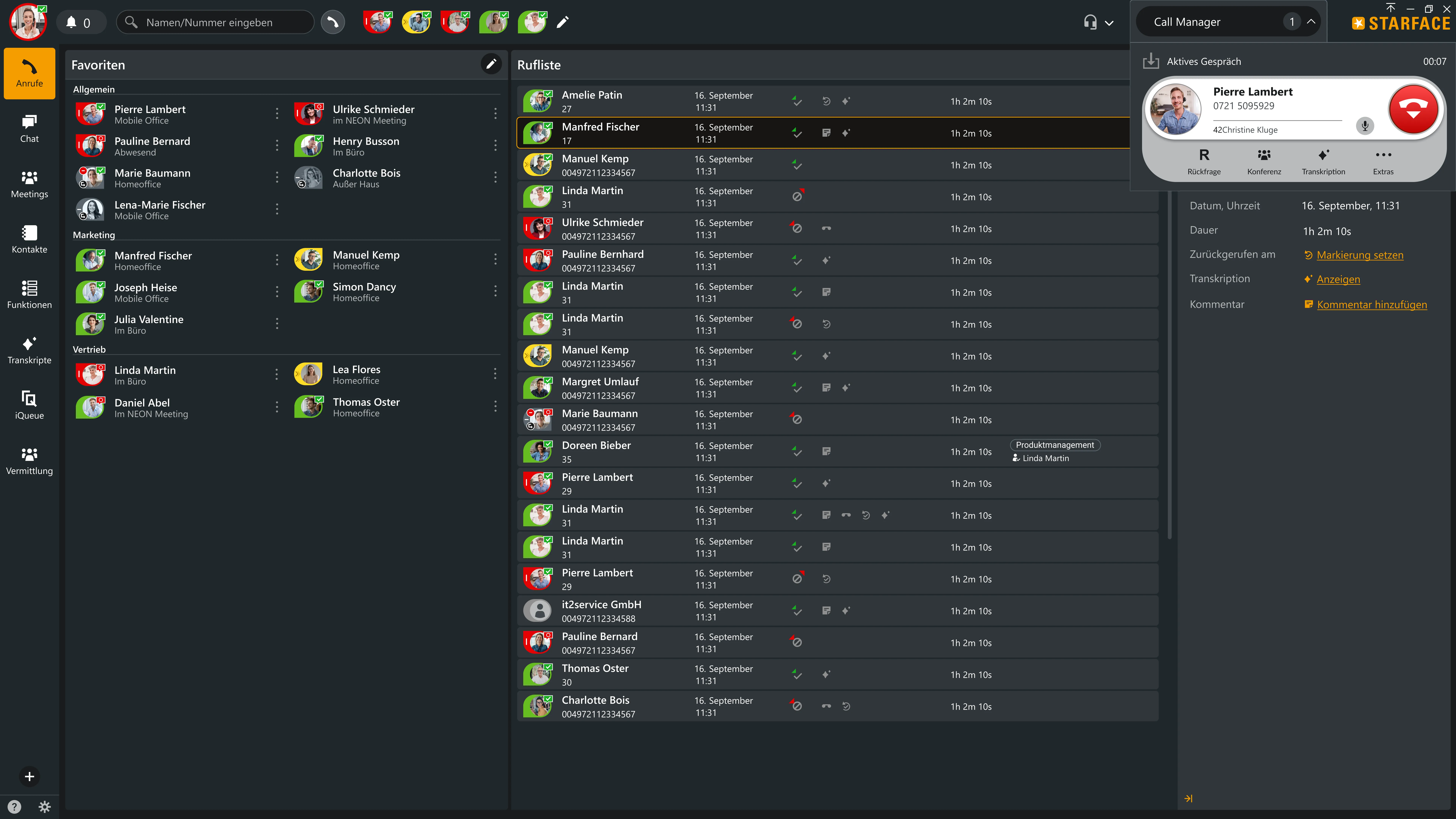 STARFACE Premium App: Favoriten, Rufliste und aktives Gespräch im Call-Manager