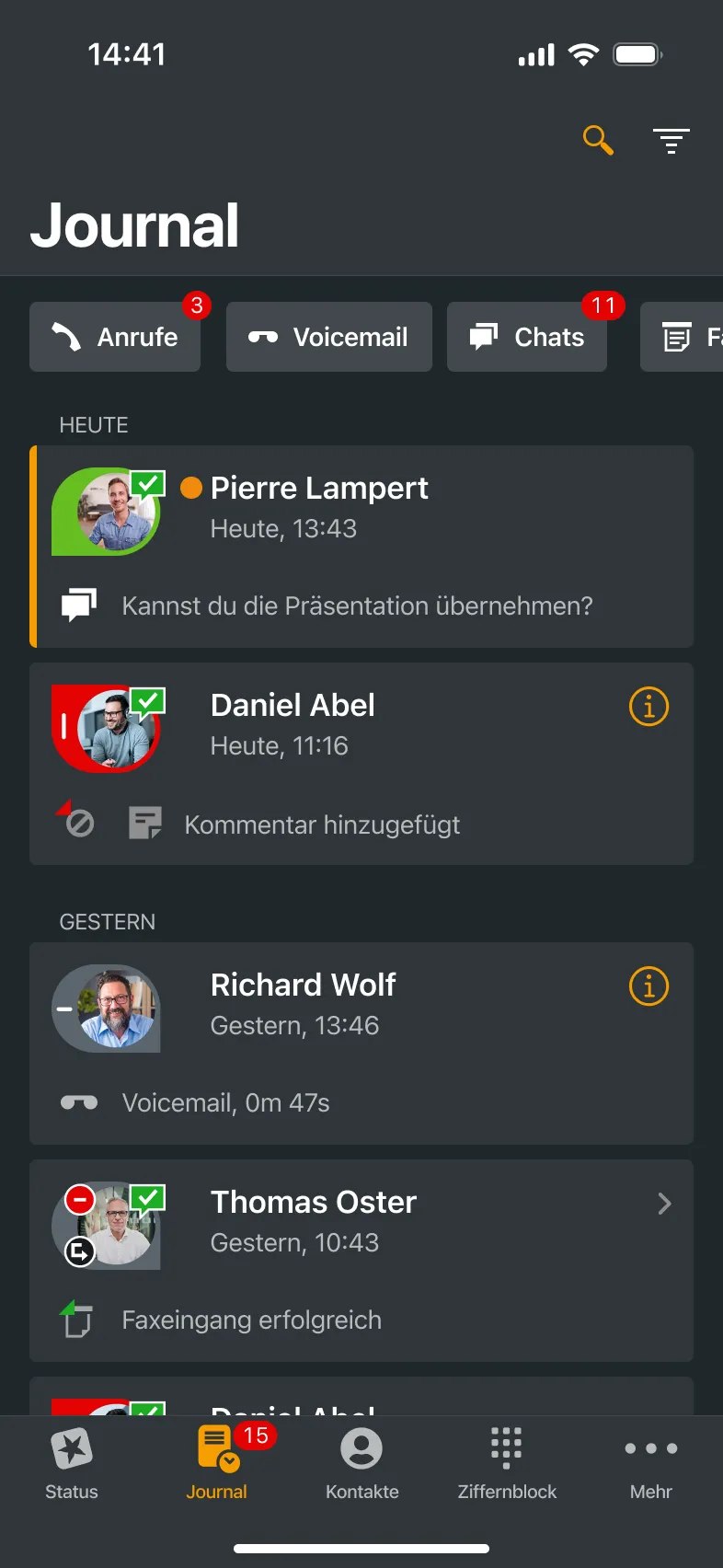 STARFACE App auf dem Smartphone: Journal mit Anrufen, Voicemail und Chats